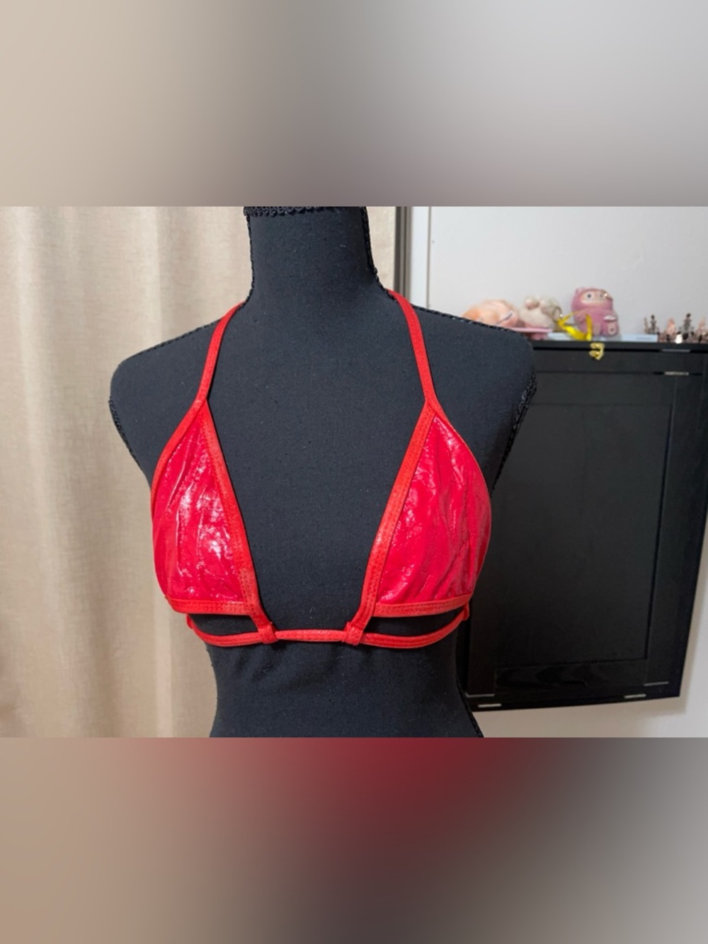 Glossy Red Triangle Bralette with Adjustable Straps